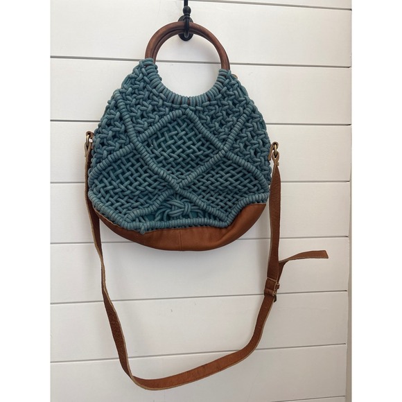 Sundance Anabaglish Teal Blue Macrame Bag Wood Handles Leather Trim Boho Woven - Picture 5 of 9